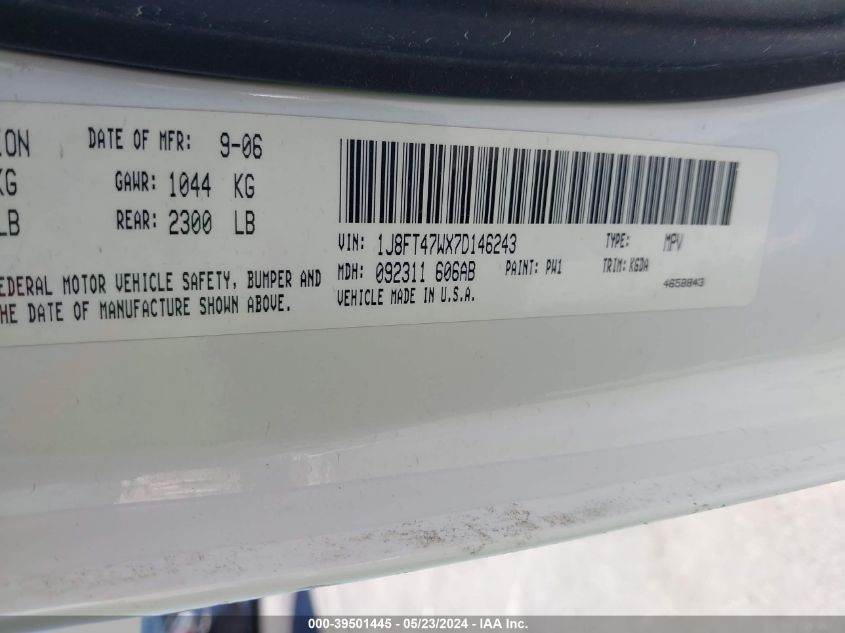 2007 Jeep Compass Sport VIN: 1J8FT47WX7D146243 Lot: 39501445