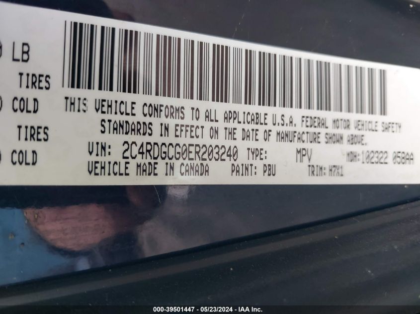 2014 Dodge Grand Caravan Sxt VIN: 2C4RDGCG0ER203240 Lot: 39501447