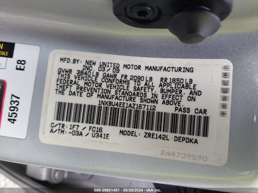 2010 Toyota Corolla Le VIN: 1NXBU4EE1AZ167112 Lot: 39501451