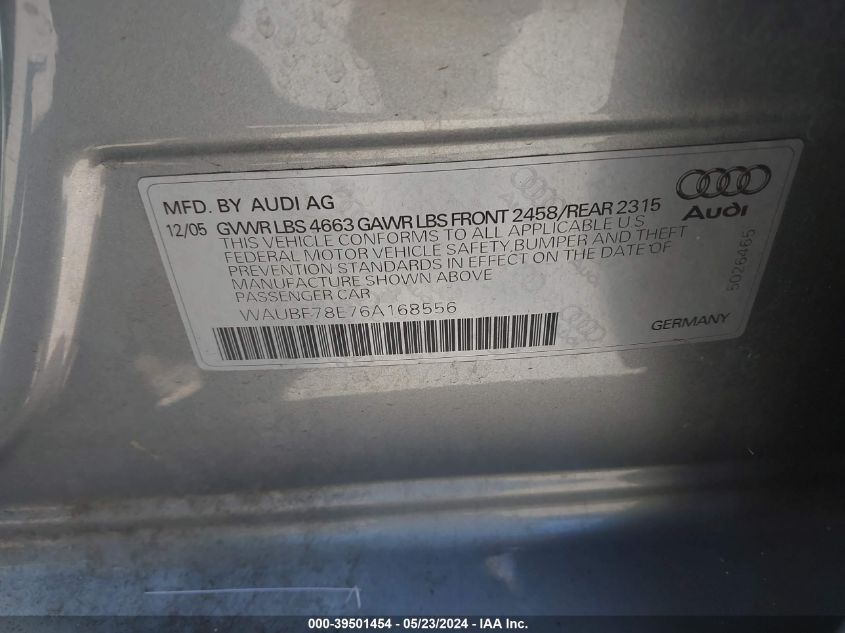 2006 Audi A4 2.0T VIN: WAUBF78E76A168556 Lot: 39501454