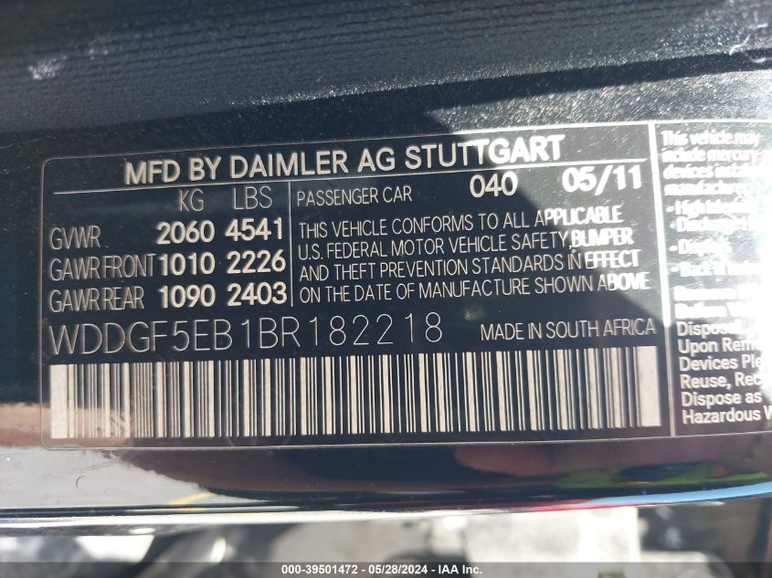 2011 Mercedes-Benz C 300 Luxury/Sport VIN: WDDGF5EB1BR182218 Lot: 39501472