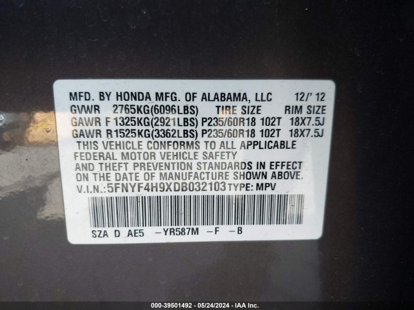 2013 Honda Pilot Touring VIN: 5FNYF4H9XDB032103 Lot: 39501492
