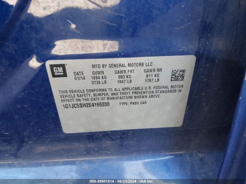 2014 Chevrolet Sonic Lt Auto VIN: 1G1JC5SH2E4166038 Lot: 39501514