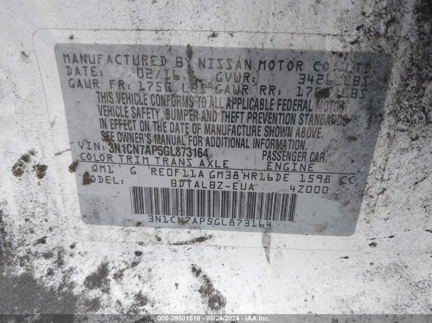 2016 Nissan Versa 1.6 Sv VIN: 3N1CN7AP5GL873164 Lot: 39501518