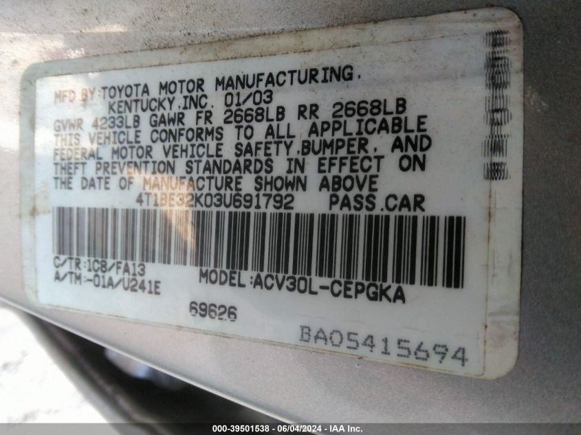 2003 Toyota Camry Xle VIN: 4T1BE32K03U691792 Lot: 39501538