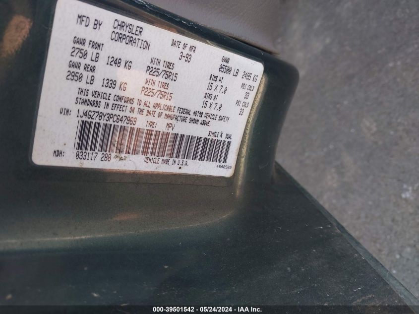 1993 Jeep Grand Cherokee Limited VIN: 1J4GZ78Y3PC647969 Lot: 39501542