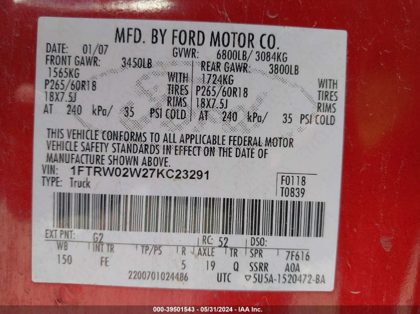 2007 Ford F-150 Xlt VIN: 1FTRW02W27KC23291 Lot: 39501543