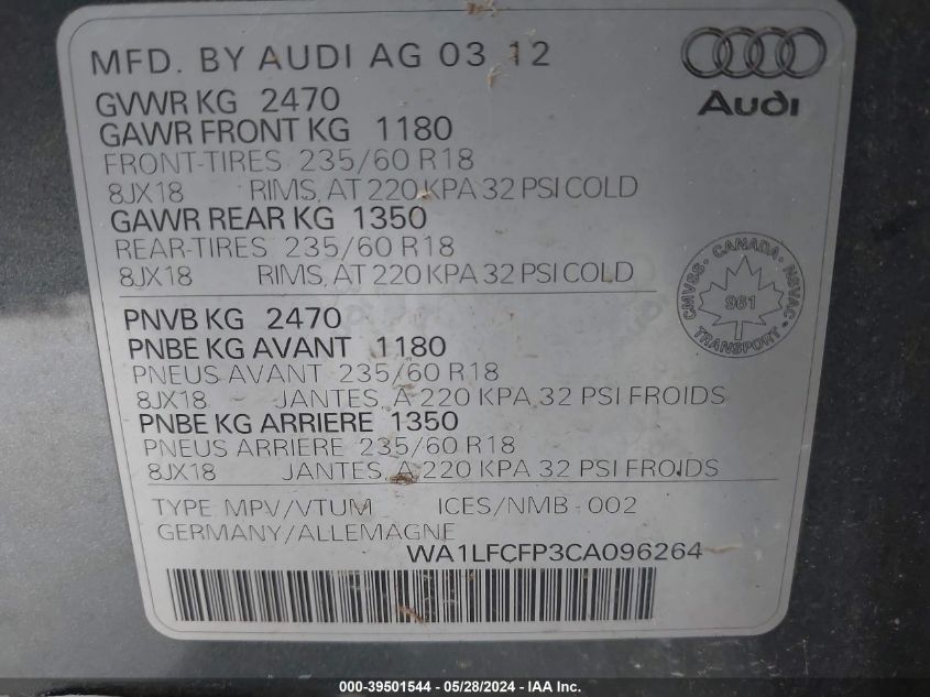 2012 Audi Q5 VIN: WA1LFCFP3CA096264 Lot: 39501544