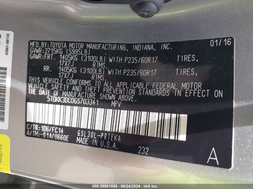 2016 Toyota Sienna Le 8 Passenger VIN: 5TDKK3DC0GS703341 Lot: 39501555