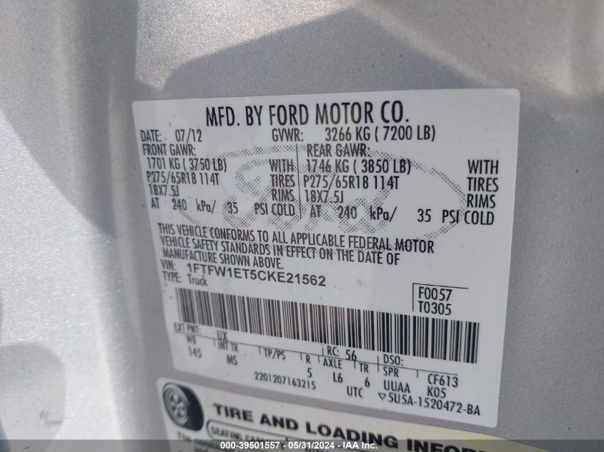 2012 Ford F-150 Xlt VIN: 1FTFW1ET5CKE21562 Lot: 39501557