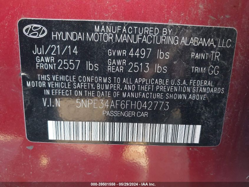 2015 Hyundai Sonata Sport VIN: 5NPE34AF6FH042773 Lot: 39501558