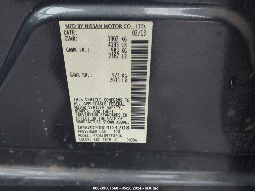 2013 Nissan Leaf Sv VIN: 1N4AZ0CP3DC403208 Lot: 39501560