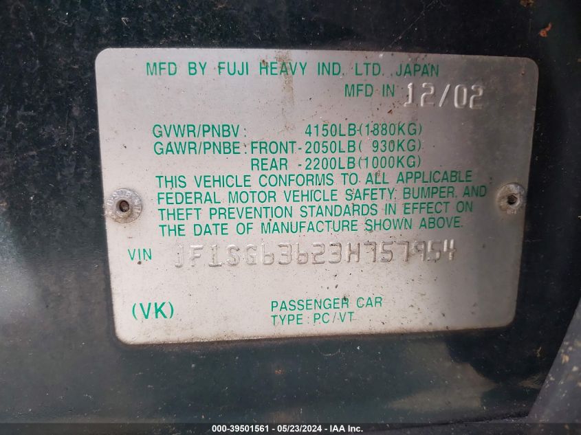 2003 Subaru Forester X VIN: JF1SG63623H757954 Lot: 39501561