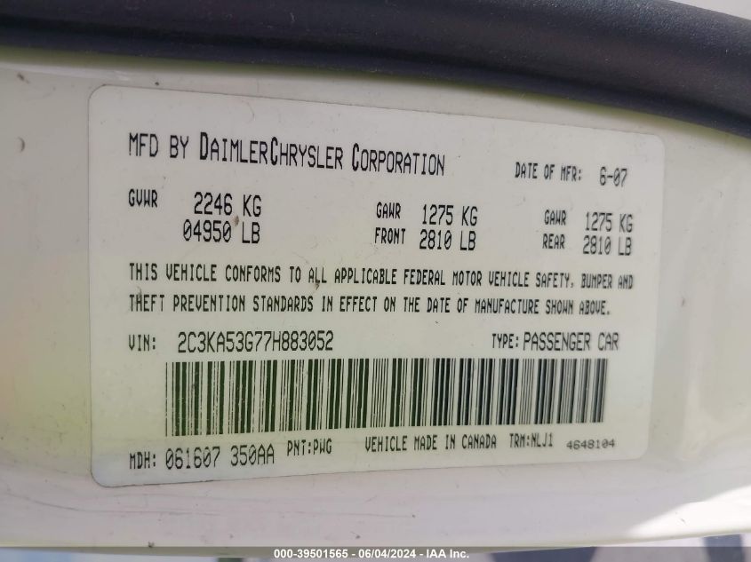 2007 Chrysler 300 Touring VIN: 2C3KA53G77H883052 Lot: 39501565