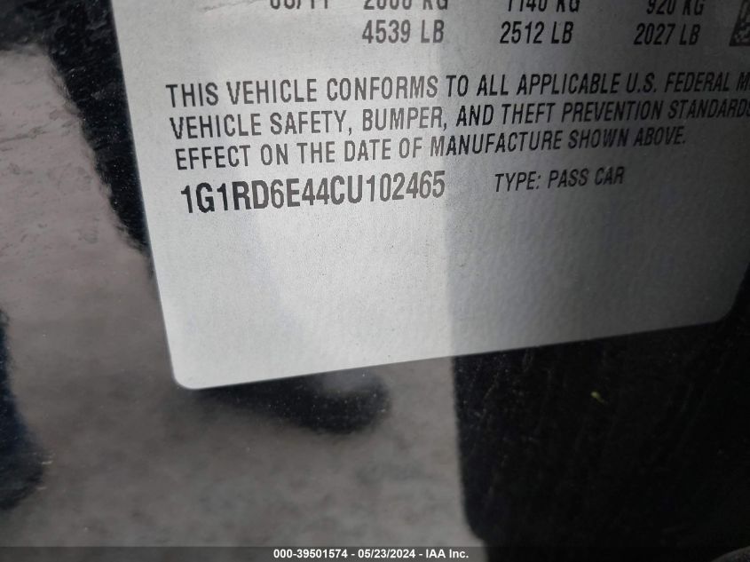 2012 Chevrolet Volt VIN: 1G1RD6E44CU102465 Lot: 39501574