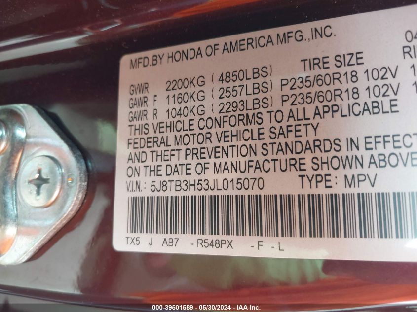 2018 Acura Rdx Technology Acurawatch Plus Packages/Technology Package VIN: 5J8TB3H53JL015070 Lot: 39501589