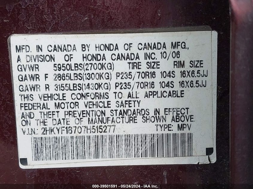 2007 Honda Pilot Ex-L VIN: 2HKYF18707H515277 Lot: 39501591