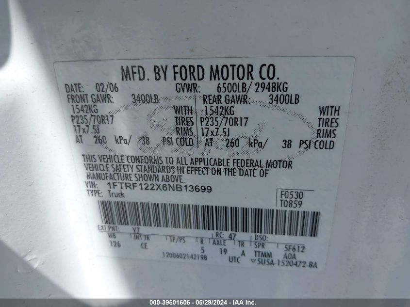 2006 Ford F-150 Stx/Xl/Xlt VIN: 1FTRF122X6NB13699 Lot: 39501606