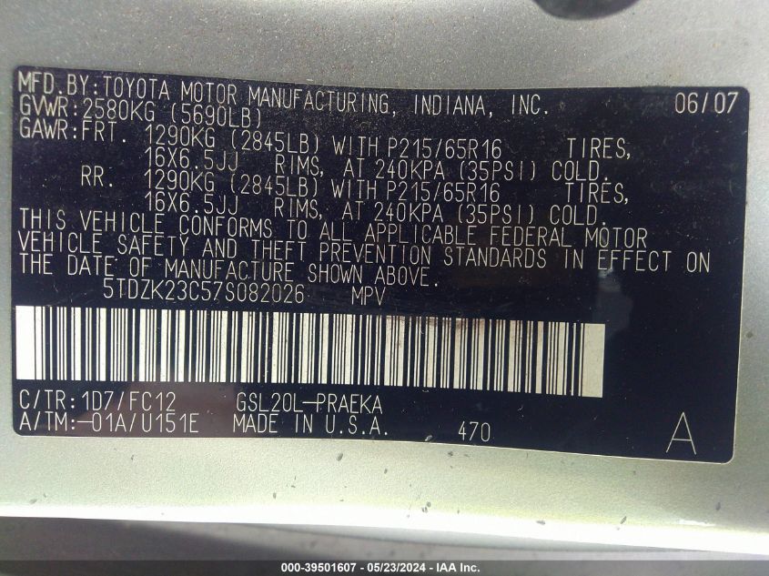 2007 Toyota Sienna Le VIN: 5TDZK23C57S082026 Lot: 39501607