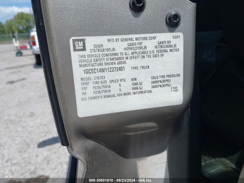 2001 Chevrolet Silverado 1500 VIN: 1GCEC14W11Z272491 Lot: 39501610