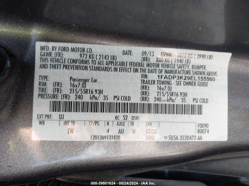 2014 FORD FOCUS SE - 1FADP3K29EL155560