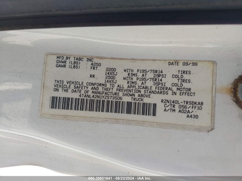 2000 Toyota Tacoma VIN: 4TANL42N1YZ573506 Lot: 39501641