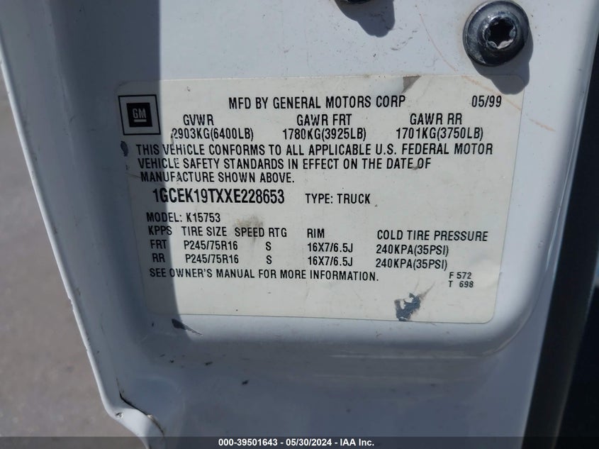 1999 Chevrolet Silverado 1500 Ls VIN: 1GCEK19TXXE228653 Lot: 39501643