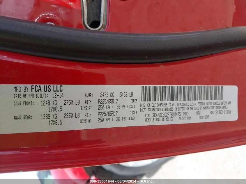 2015 Dodge Journey Sxt VIN: 3C4PDCBG2FT610475 Lot: 39501644