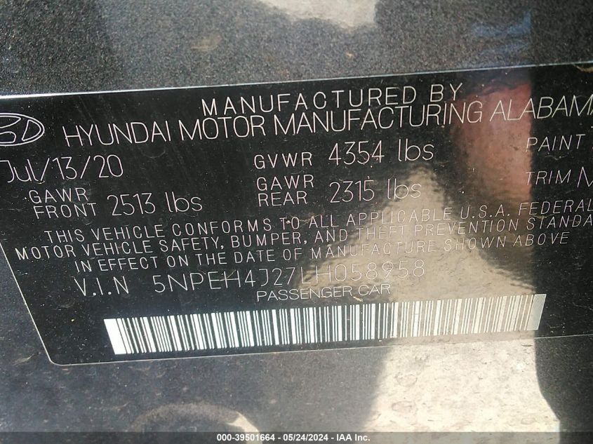 2020 Hyundai Sonata Limited VIN: 5NPEH4J27LH058958 Lot: 39501664