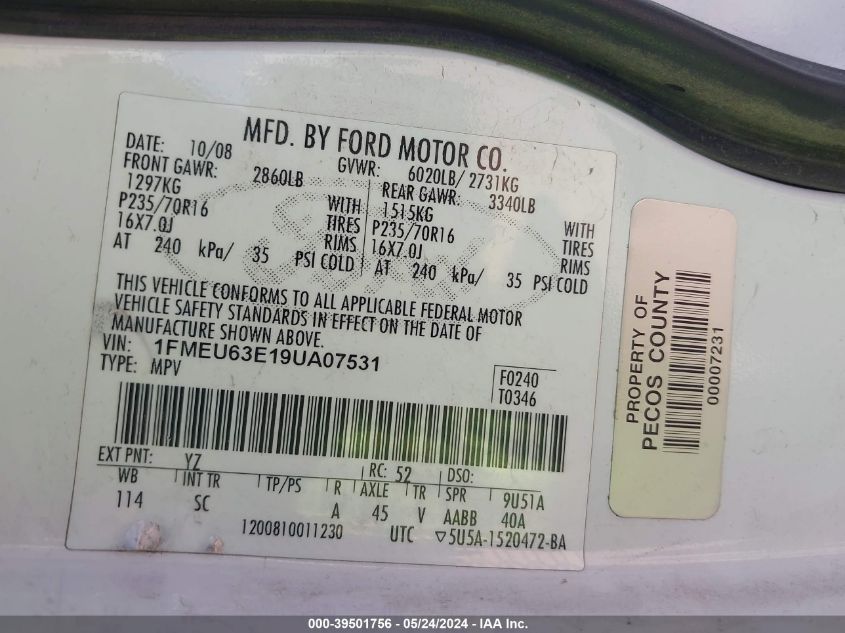 2009 Ford Explorer Xlt VIN: 1FMEU63E19UA07531 Lot: 39501756