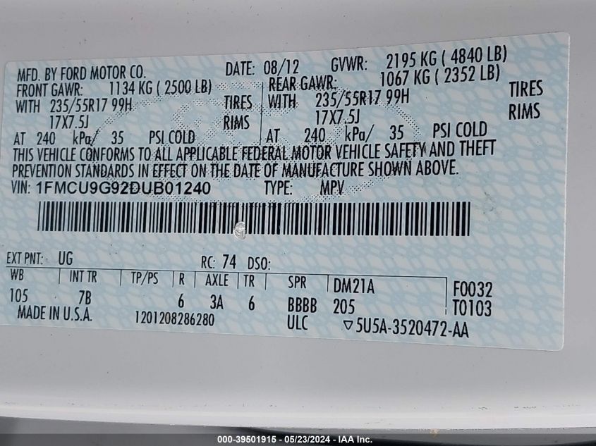 2013 Ford Escape Se VIN: 1FMCU9G92DUB01240 Lot: 39501915