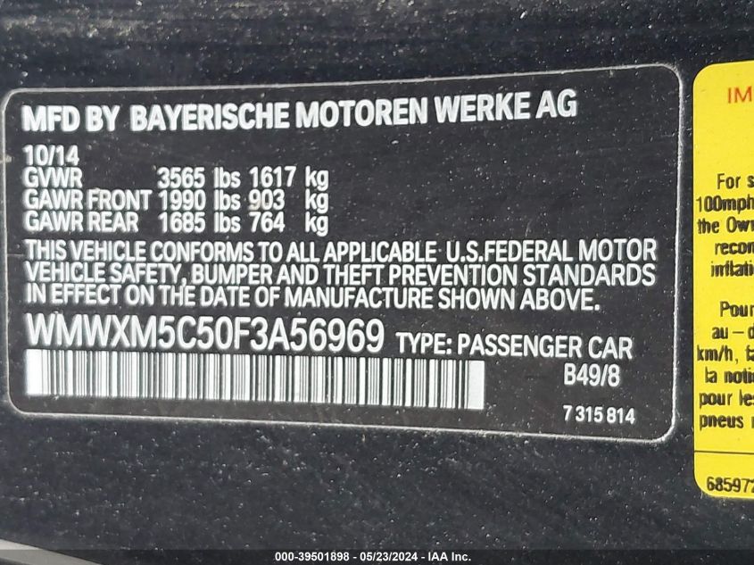 2015 Mini Hardtop Cooper VIN: WMWXM5C50F3A56969 Lot: 39501898