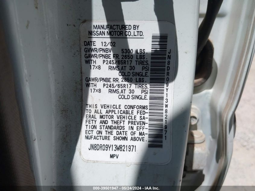 2003 Nissan Pathfinder Le VIN: JN8DR09Y13W821971 Lot: 39501947