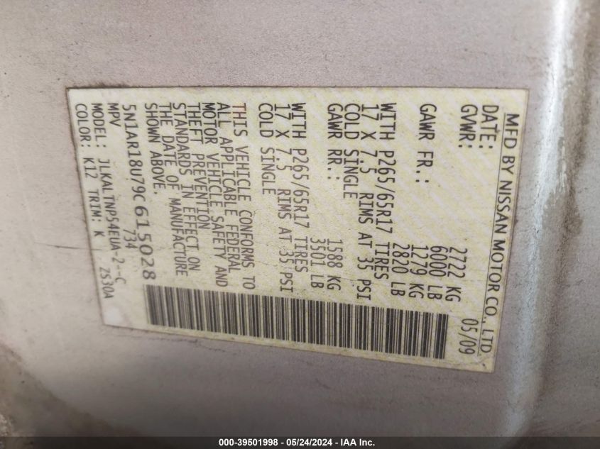 2009 Nissan Pathfinder Se VIN: 5N1AR18U79C615028 Lot: 39501998