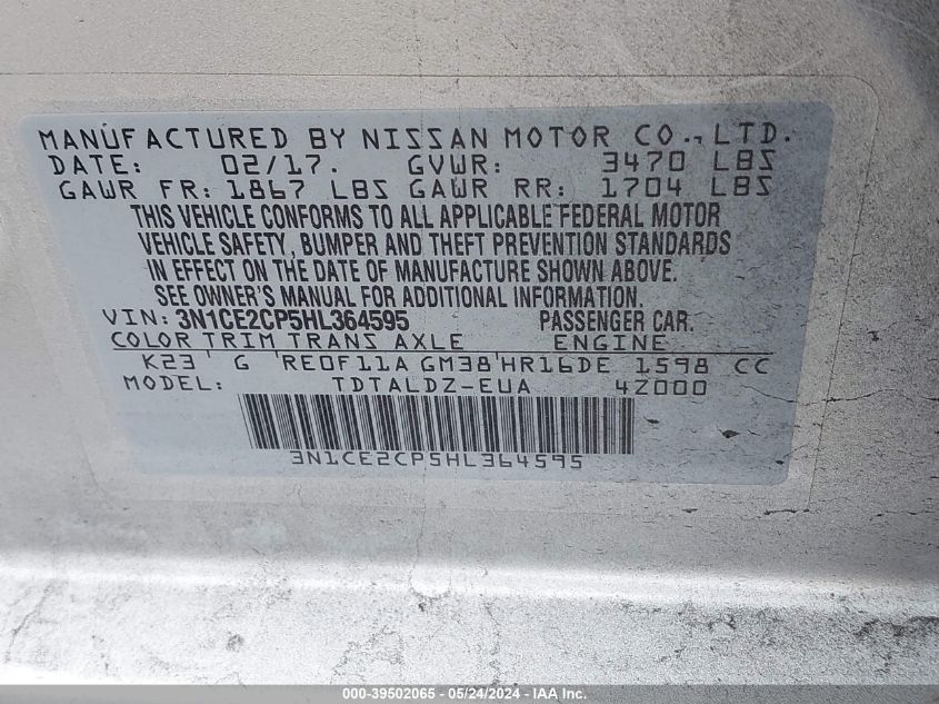 2017 Nissan Versa Note Sv VIN: 3N1CE2CP5HL364595 Lot: 39502065