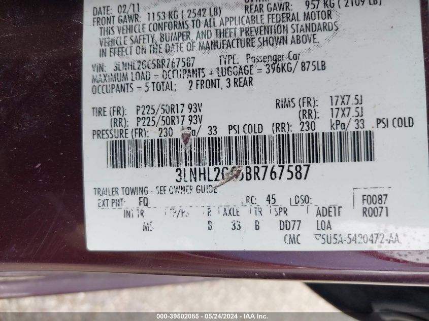 2011 Lincoln Mkz VIN: 3LNHL2GC5BR767587 Lot: 39502085