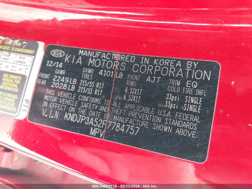 2015 Kia Soul + VIN: KNDJP3A52F7784757 Lot: 39502115