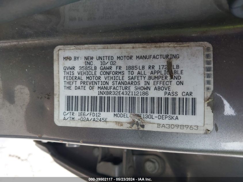 2003 Toyota Corolla S VIN: 1NXBR32E43Z112186 Lot: 39502117