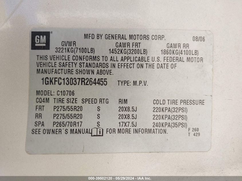 2007 GMC Yukon Slt VIN: 1GKFC13037R264455 Lot: 39502120