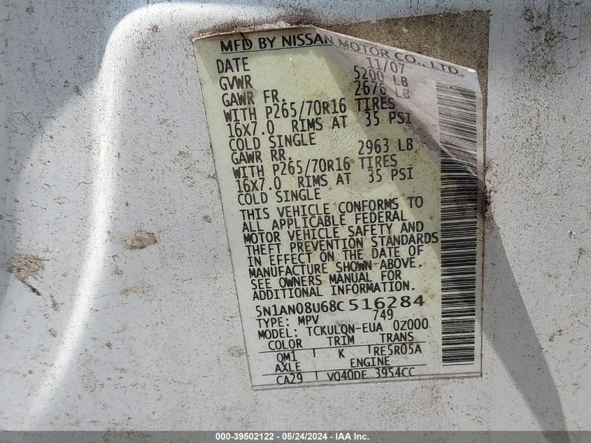 2008 Nissan Xterra X VIN: 5N1AN08U68C516284 Lot: 39502122