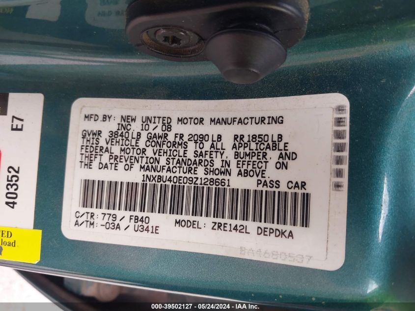 2009 Toyota Corolla Le VIN: 1NXBU40E09Z128661 Lot: 39502127