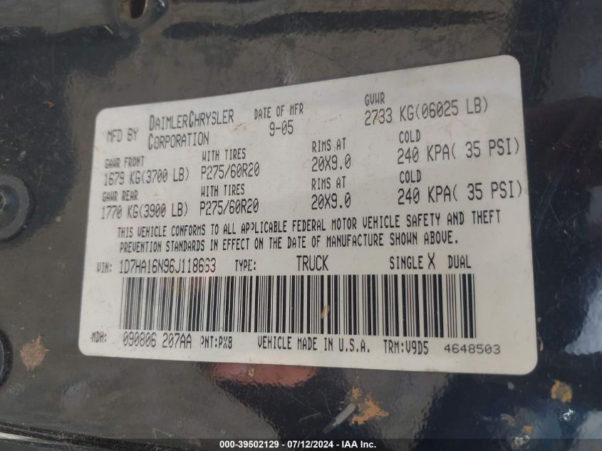 2006 Dodge Ram 1500 Slt VIN: 1D7HA16N96J118663 Lot: 39502129