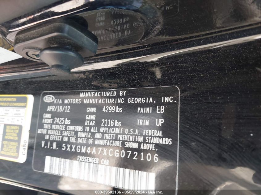 2012 Kia Optima Lx VIN: 5XXGM4A7XCG072106 Lot: 39502136