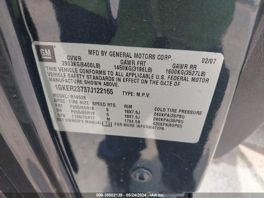 2007 GMC Acadia Slt-1 VIN: 1GKER23737J122165 Lot: 39502139