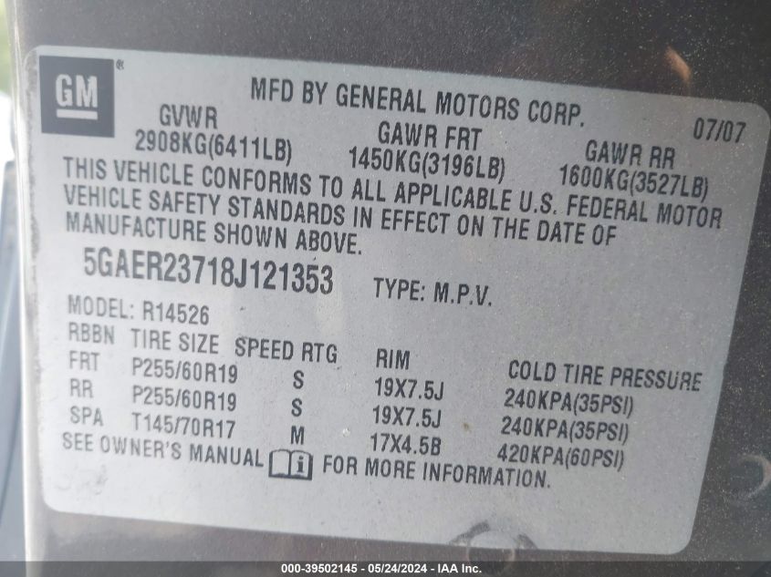 2008 Buick Enclave Cxl VIN: 5GAER23718J121353 Lot: 39502145