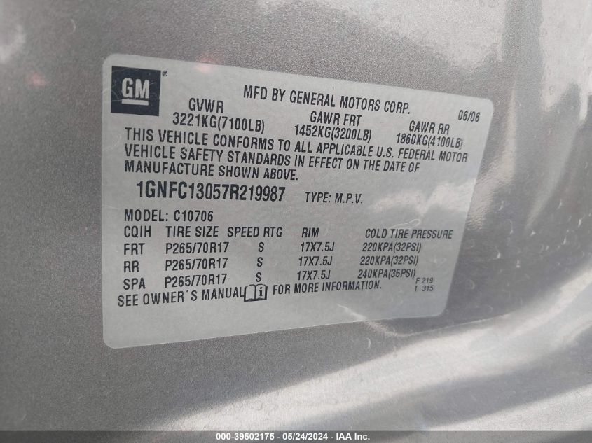 2007 Chevrolet Tahoe Ls VIN: 1GNFC13057R219987 Lot: 39502175