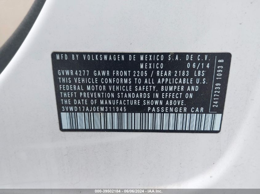 2014 Volkswagen Jetta 1.8T Se VIN: 3VWD17AJ0EM311945 Lot: 39502184