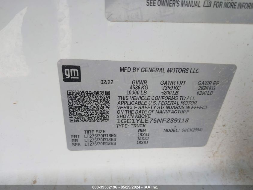 2022 Chevrolet Silverado 2500Hd 4Wd Long Bed Wt VIN: 1GC1YLE79NF239118 Lot: 39502196