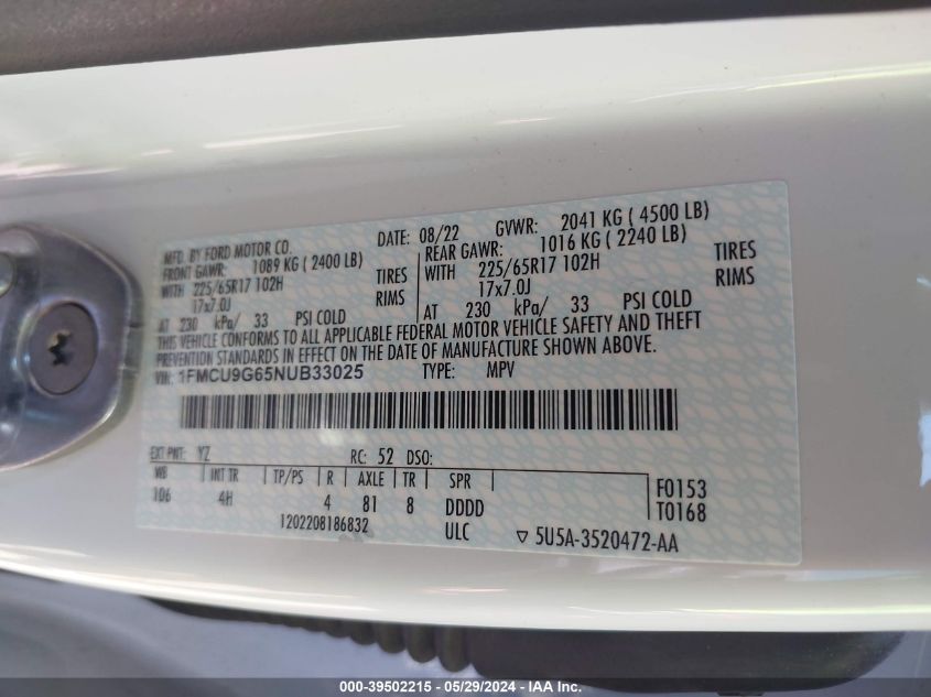 2022 FORD ESCAPE SE - 1FMCU9G65NUB33025