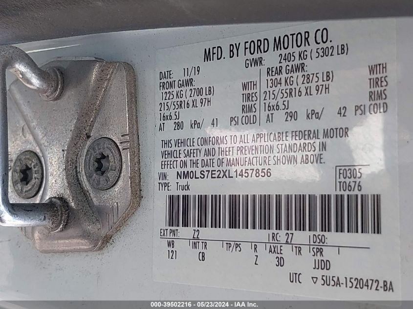 2020 Ford Transit Connect Xl VIN: NM0LS7E2XL1457856 Lot: 39502216